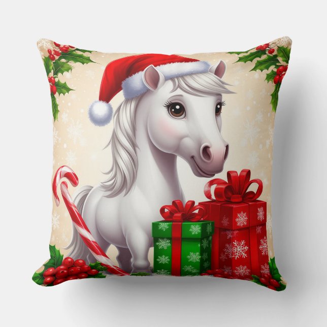 Coussin Cheval de Dessin Festif à Santa Hat avec cadeaux (Recto)