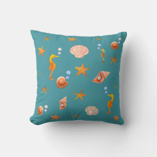 Coussin Cheval de mer, coquillages et étoiles de mer sur t
