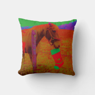Coussin Cheval de Noël de couleur arc-en-ciel rétro