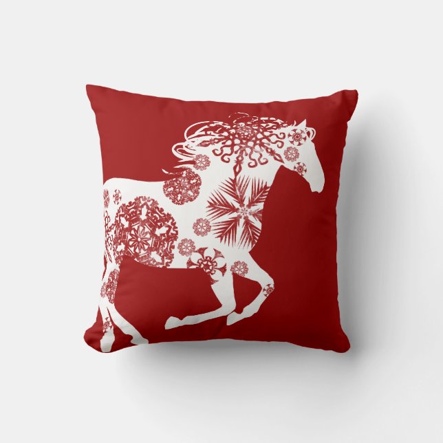 Coussin Cheval de Noël des flocons rouges et blancs (Recto)