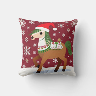 Coussin Cheval festif des Fêtes avec chapeau de Père Noël