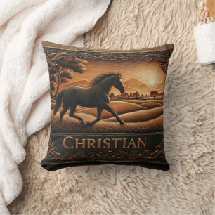 Coussin Cheval galopant en paysage Pittoresque au coucher 