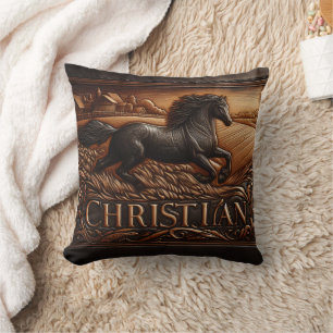 Coussin Cheval gravé courant à travers le champ de blé