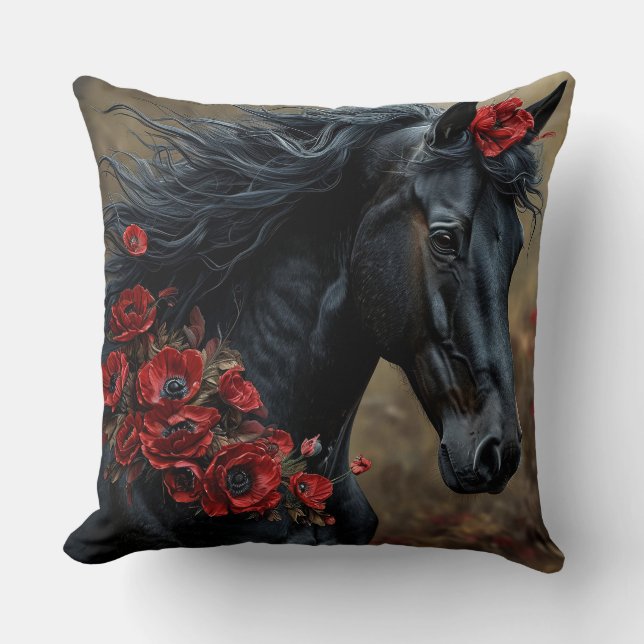 Coussin Cheval Noir Décoré De Fleurs Rouges Vibrantes (Recto)