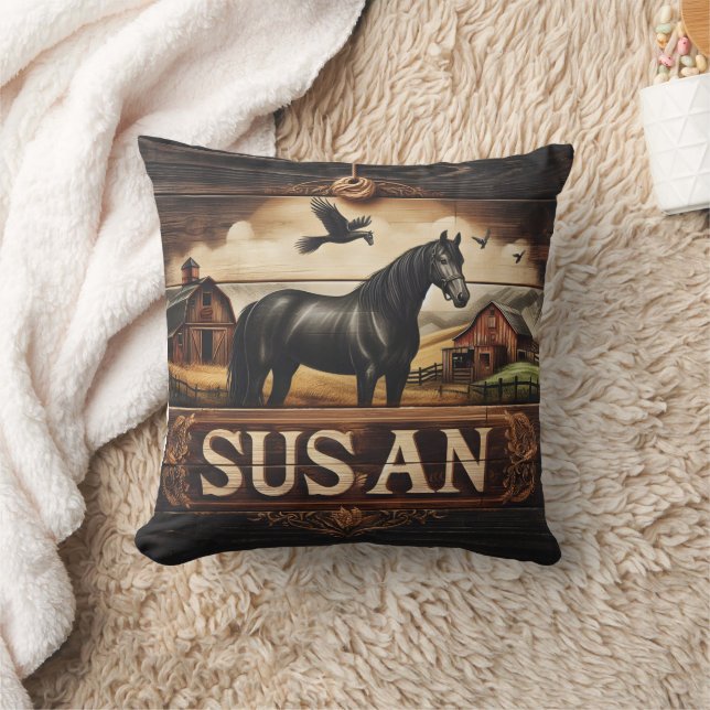 Coussin Cheval noir près des berges et des oiseaux volants (Couverture)