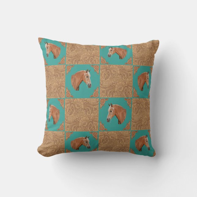 Coussin Cheval Palomino Avec Impression En Cuir Et Turquoi (Recto)