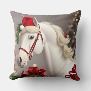 Coussin Cheval portant un chapeau festif de Père Noël