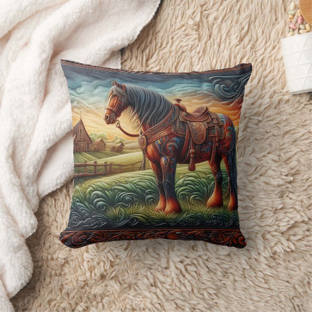 Coussin Cheval vibrant dans la scène de ferme colorée (Couverture)