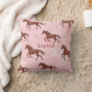 Coussin Chevaux Fleuris Rose Brun Féminin