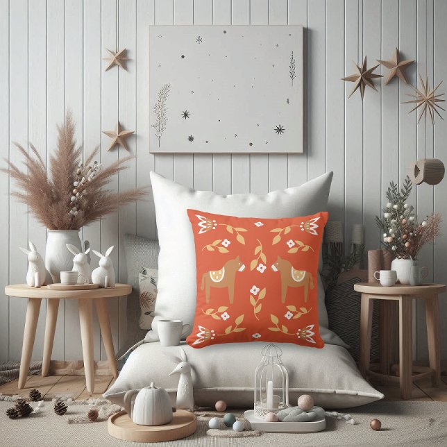 Coussin Chevaux nordiques Floral Folk Art (Créateur téléchargé)