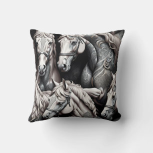 Coussin Chevaux Peinture détaillée en Art noir et blanc