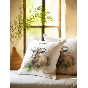 Coussin Chèvre de Ferme à l'aquarelle, sur mesure