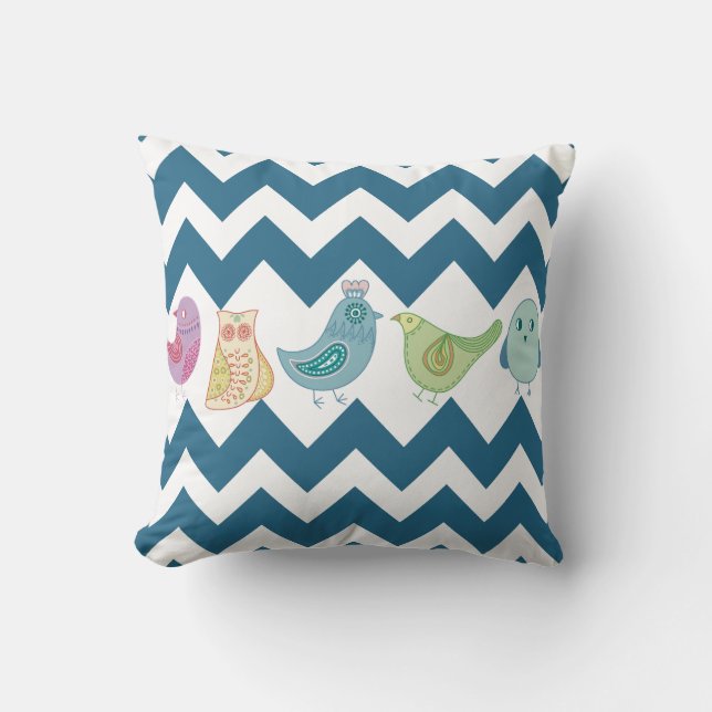Coussin Chevron bleu barre les hiboux mignons lunatiques (Recto)