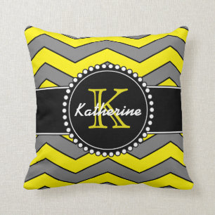 Coussin Chevron jaune et gris, personnalisé, décoré d'u