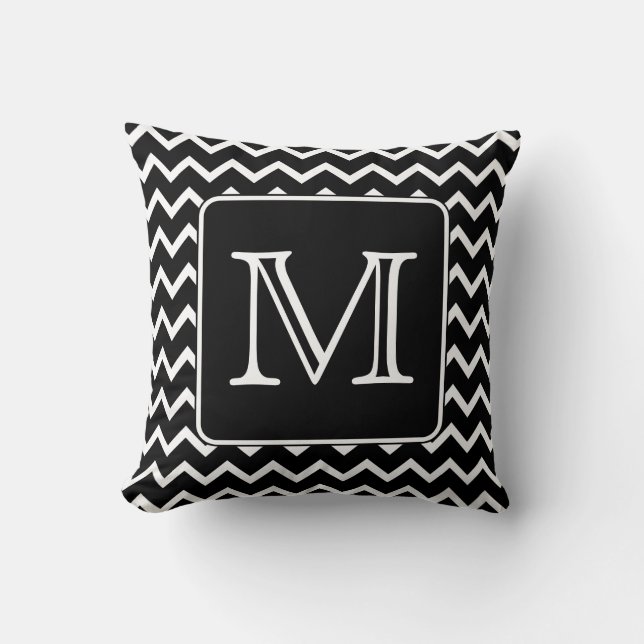Coussin Chevron noir et blanc avec le monogramme fait sur (Recto)