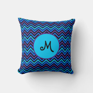 Coussin Chevron Noir Riche, Bleu Très Pur, Bleu Cyan