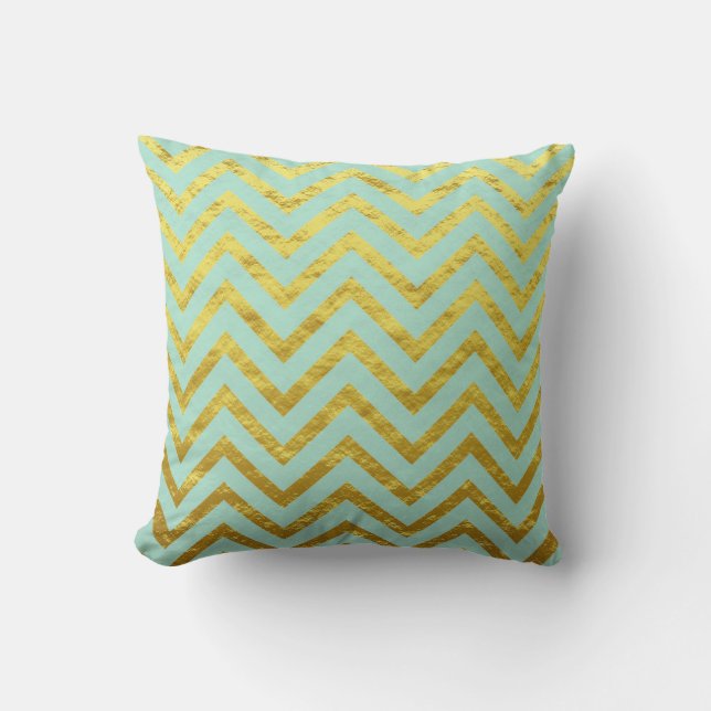 Coussin Chevron Or Papier D'aluminium Motifs Bleu Sarcelle (Recto)