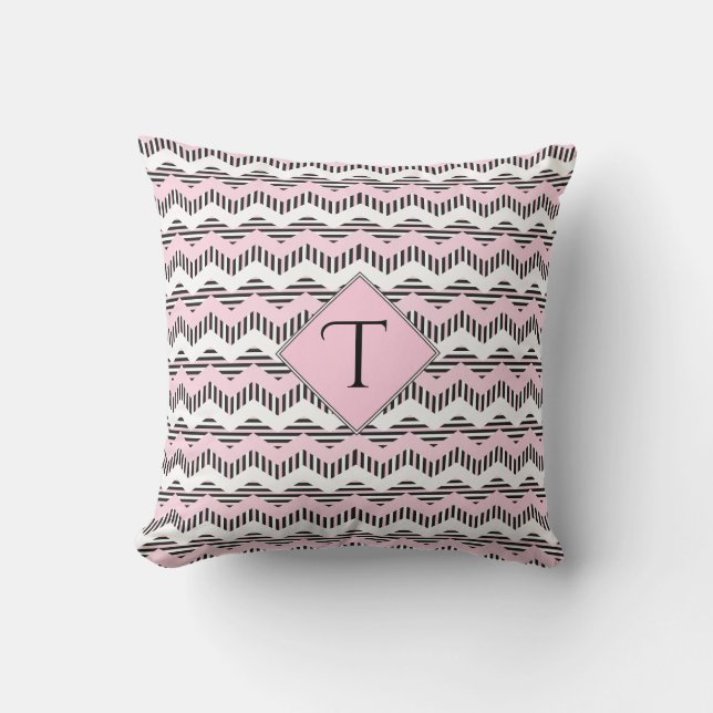 Coussin Chevron rose, noir et blanc, Monogramme personnali (Recto)