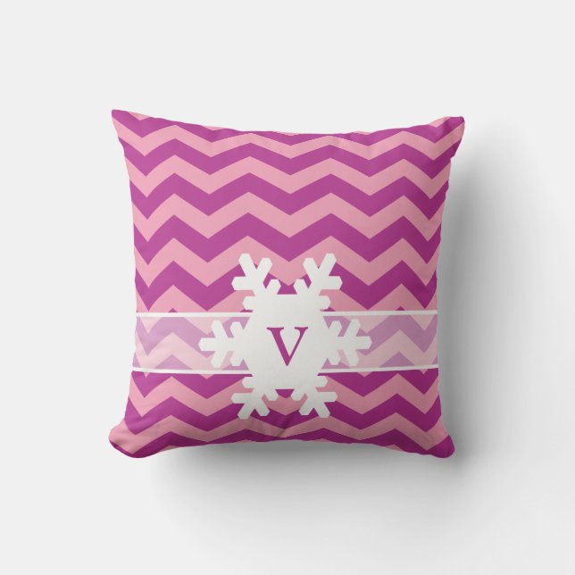 Coussin Chevrons d'orchidée givrée magenta avec flocon de  (Recto)