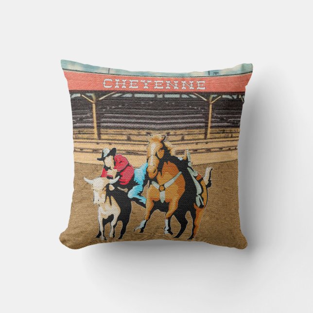 Coussin Cheyenne Rodeo Cowboy Steer Lutte (Recto)