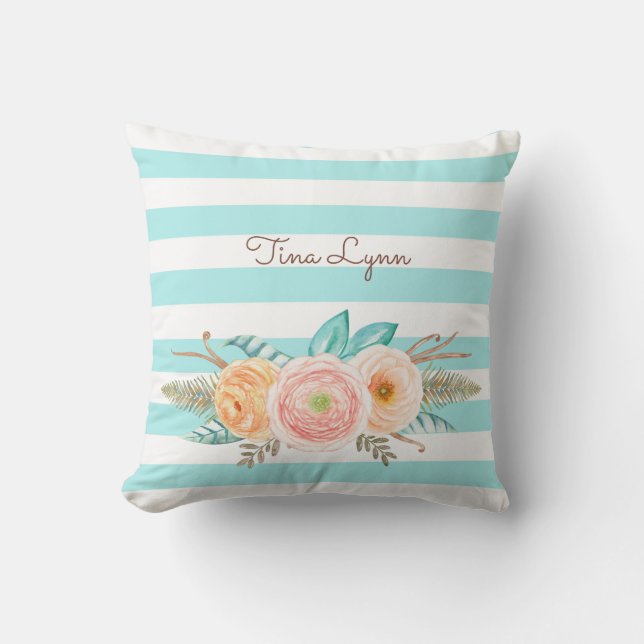 Coussin Chic Aqua Stripes Feminine Floral et nom (Recto)