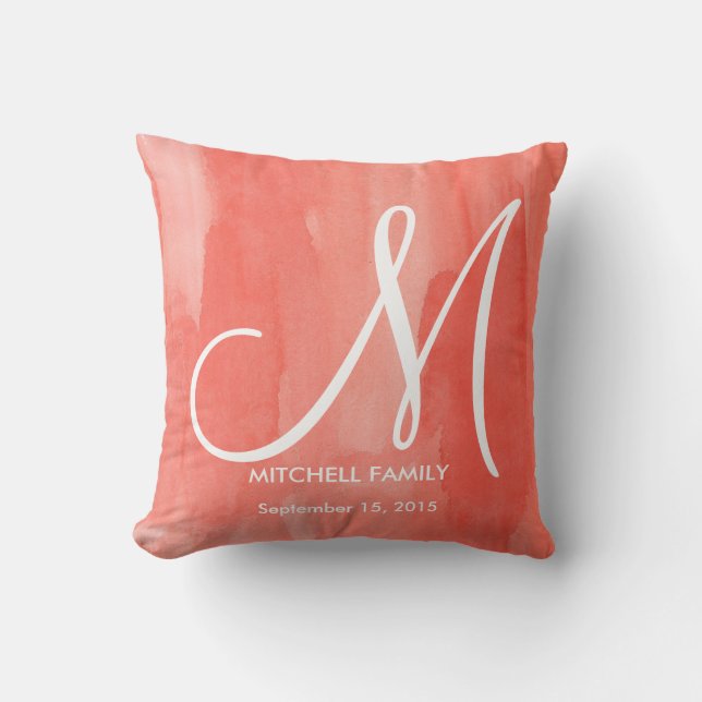 Coussin Chic Aquarelle Monogramme Famille Mariage Carré (Recto)