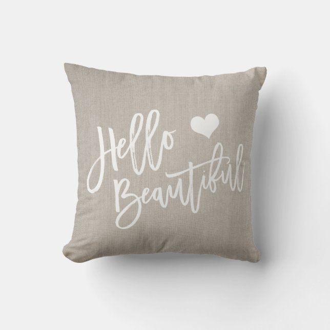 Coussin Chic blanc bonjour beau coeur lin rustique (Recto)