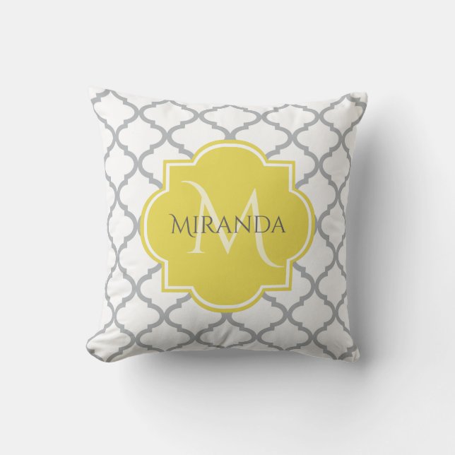 Coussin Chic Blanc Gris Quatrefoil Jaune Nom Monogramme (Recto)