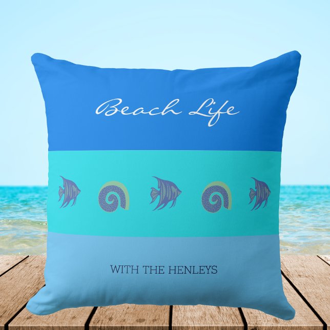Coussin Chic Blue Stripes Coques Fish Family Beach House (Créateur téléchargé)