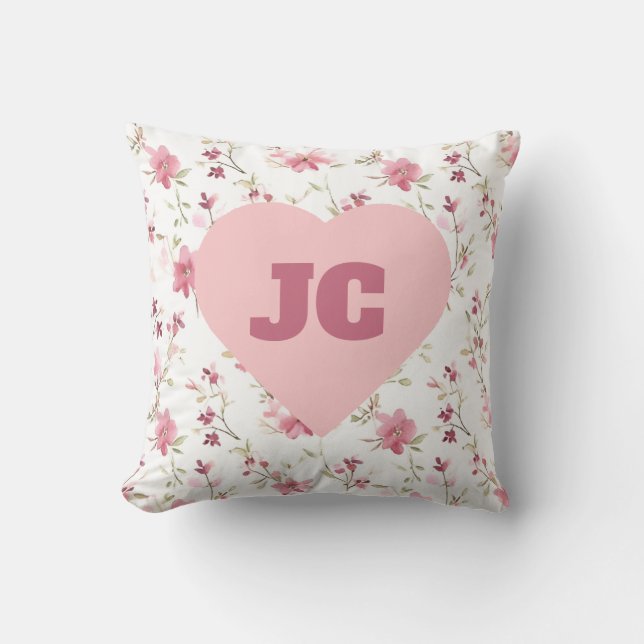 Coussin Chic Coeur Monogramme Initiales Rose Floral Shabby (Recto)