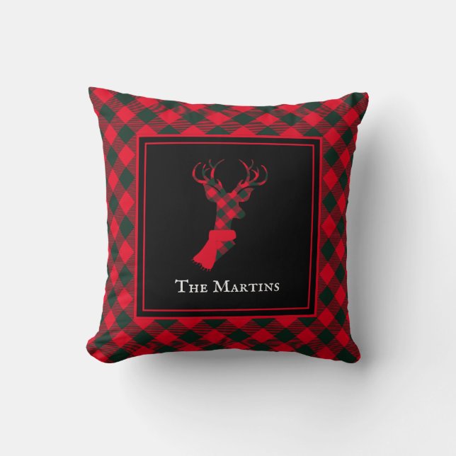 Coussin Chic Deer Rouge & Vert Plaid Noël personnalisé (Recto)