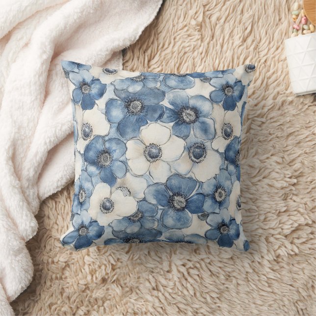 Coussin Chic Dénim Blanc Fleurs Bleues Baby Shower (Couverture)