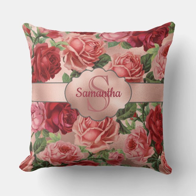 Coussin Chic Elegant Vintage Rose Rouge Roses Nom Floral (Recto)