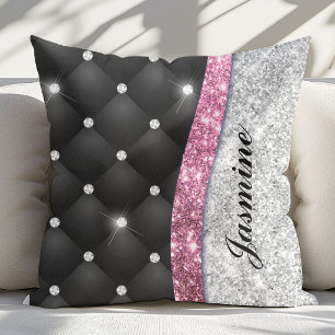 Coussin Chic et girly faux paillettes argent noir monogram