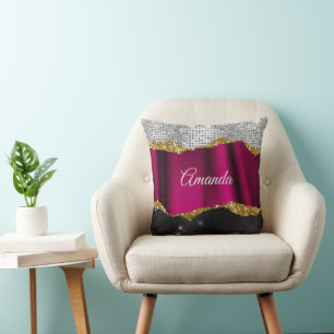Coussin Chic faux argent parties scintillant Fuchsia noir