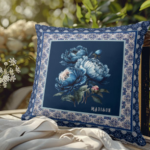 Coussin Chic fleurs bleues chinoiserie toile monogramme