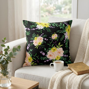 Coussin Chic Floral Botanique Rose Noir Aquarelle Moody
