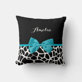 Coussin Chic Giraffe Imprimer Aqua Blue Ribbon Bow Nom