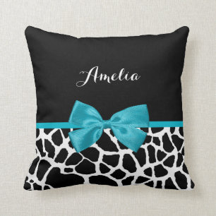 Coussin Chic Giraffe Imprimer Aqua Blue Ribbon Bow Nom