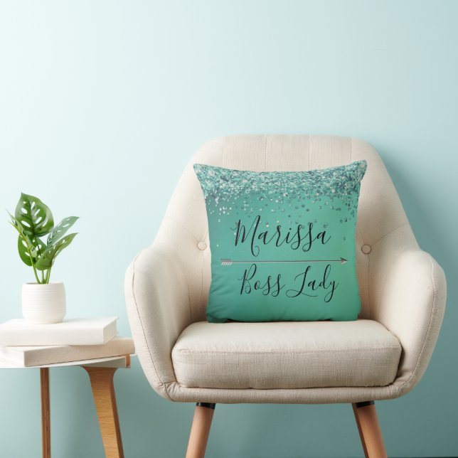Coussin Chic Glittery Turquiose Boss Lady Personnalisé (Chaise)