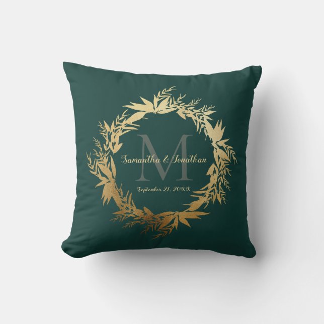Coussin Chic Gold Emerald Green Monogram Mariage Keepsaké (Recto)