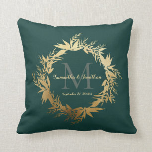 Coussin Chic Gold Emerald Green Monogram Mariage Keepsaké