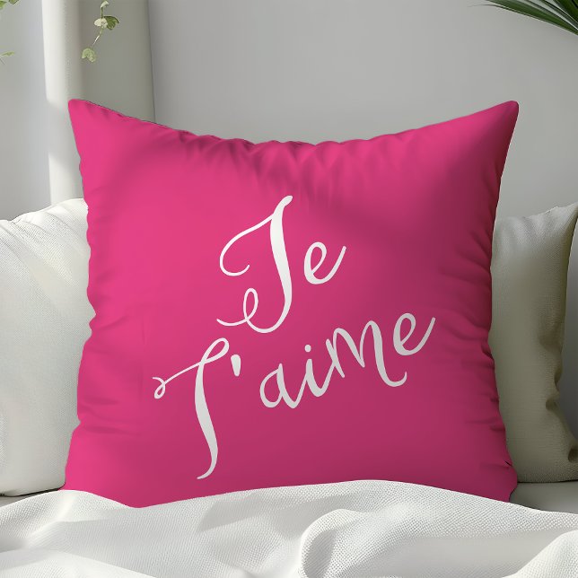 Coussin Chic Hot Rose & Blanc Je T'aime Typographie França (Créateur téléchargé)