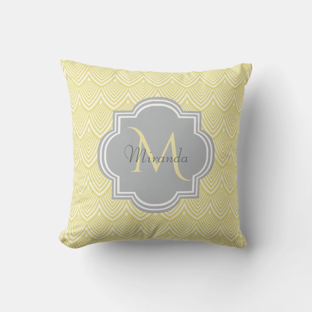 Coussin Chic Jaune Art Déco Scallops Grey Monogramme Nom (Recto)