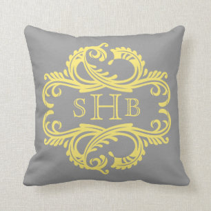 Coussin chic jaune de monogramme de damassé
