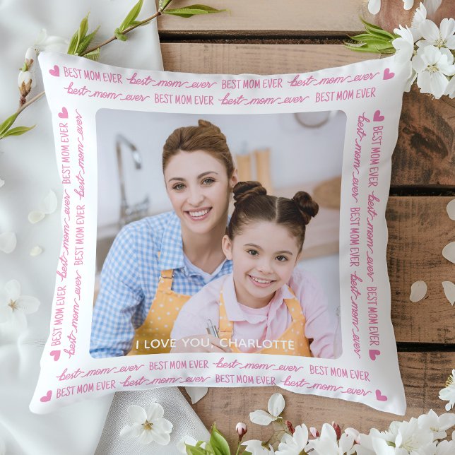 Coussin Chic MOM Photo personnalisée Fête des Mères Rose (Créateur téléchargé)
