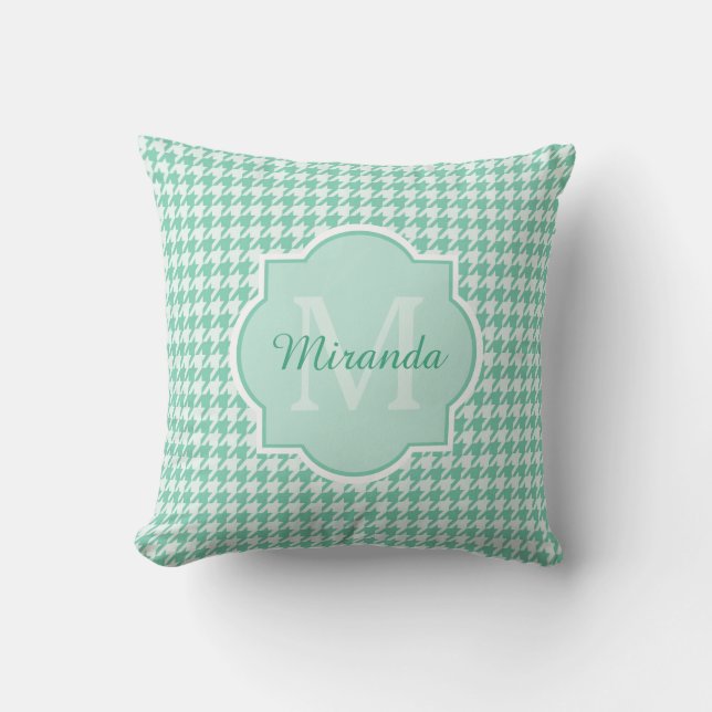 Coussin Chic Monogram Mint Green Houndstooth Avec Nom (Recto)