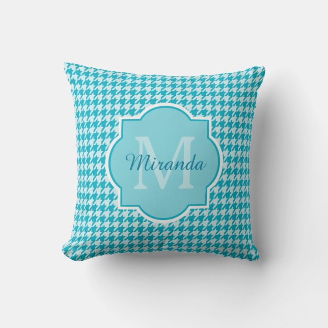 Coussin Chic Monogramme Turquoise Houndstooth Avec Nom (Recto)