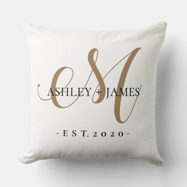 Coussin Chic Or M Monogramme Script Nom Date de Mariage (Recto)
