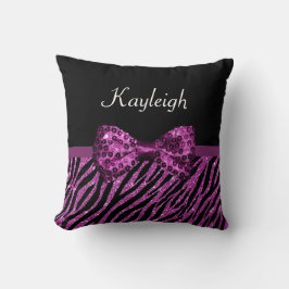 Coussin Chic Purple Zebra Print FAUX Glitz Bow avec nom